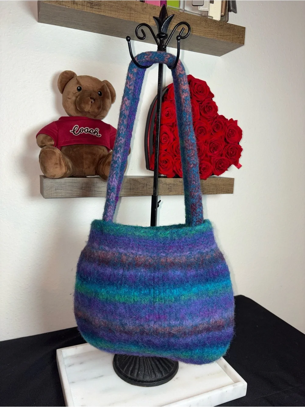 Handcrafted Multicolor Felted Wool Shoulder Bag - Purple & Teal